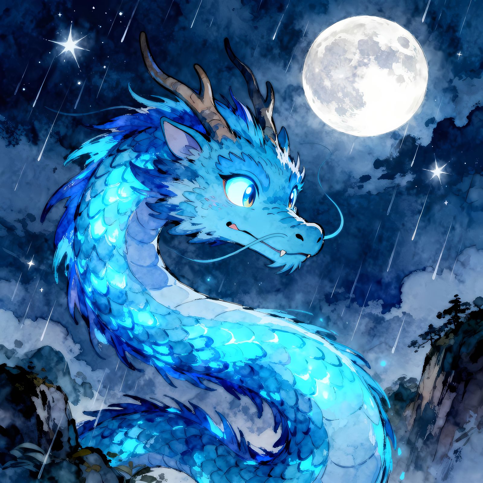 Glowing Blue Dragon in Moonlight, Anime Watercolor Style
