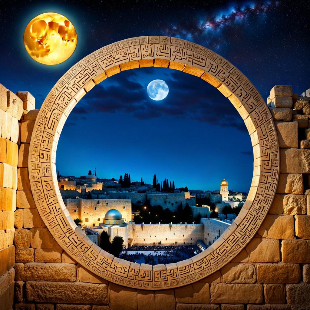 Hebrew Calligraphy Over Jerusalem at Moonrise