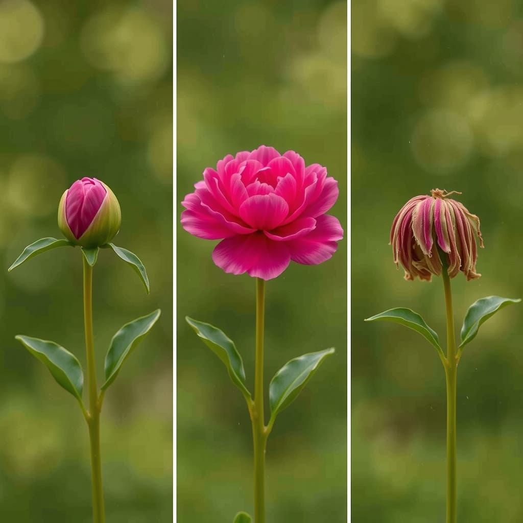 Flower Life Cycle: Bud, Bloom, and Decay Triptych