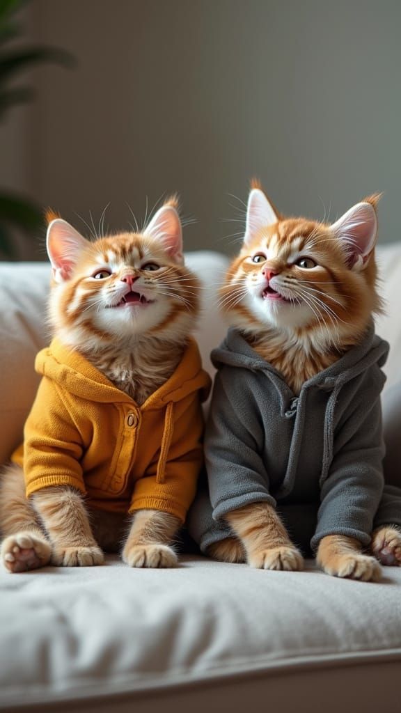 Smiling Cats in Clothes on Sofa