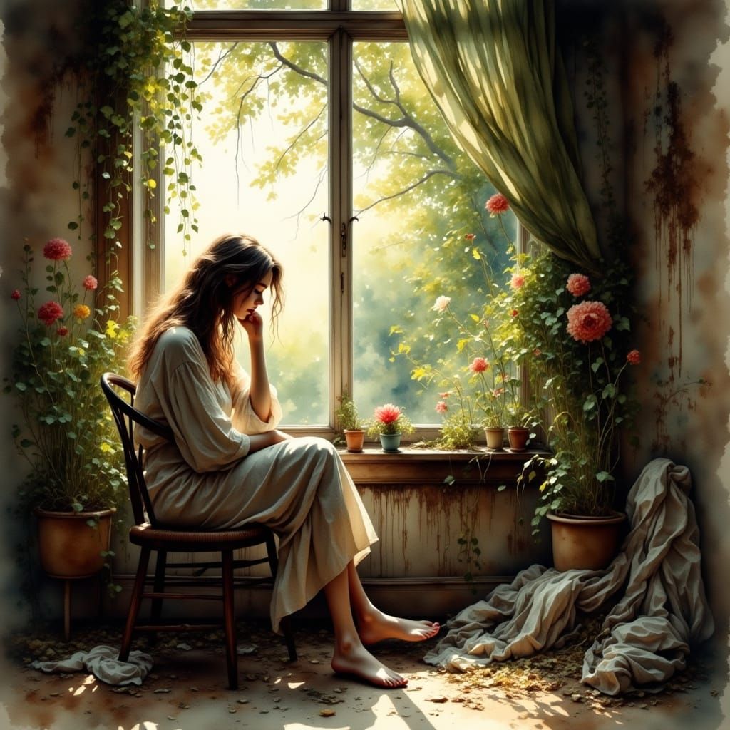 Young Woman Lost in Melancholy, Surrounded by Gritty, Waterc...