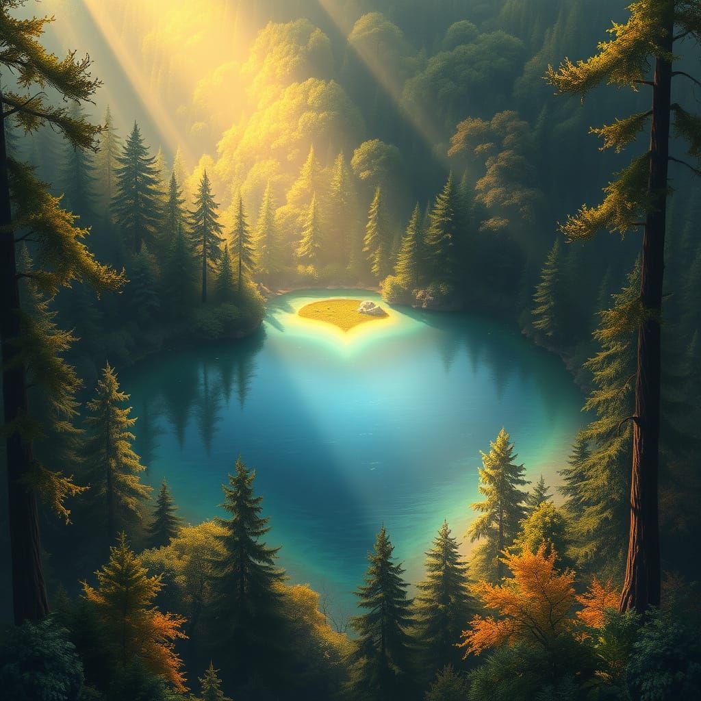 Ethereal Fantasy Landscape with Heart-Shaped Lake in a Mysti...