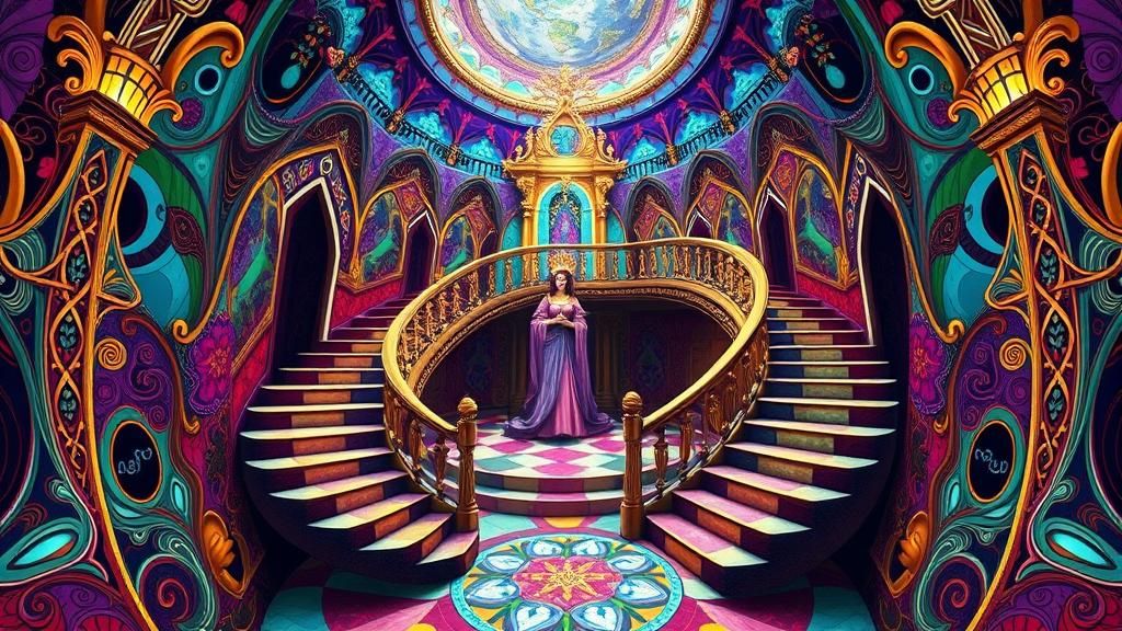Mystical Queen in Escher-Inspired Fractal Palace
