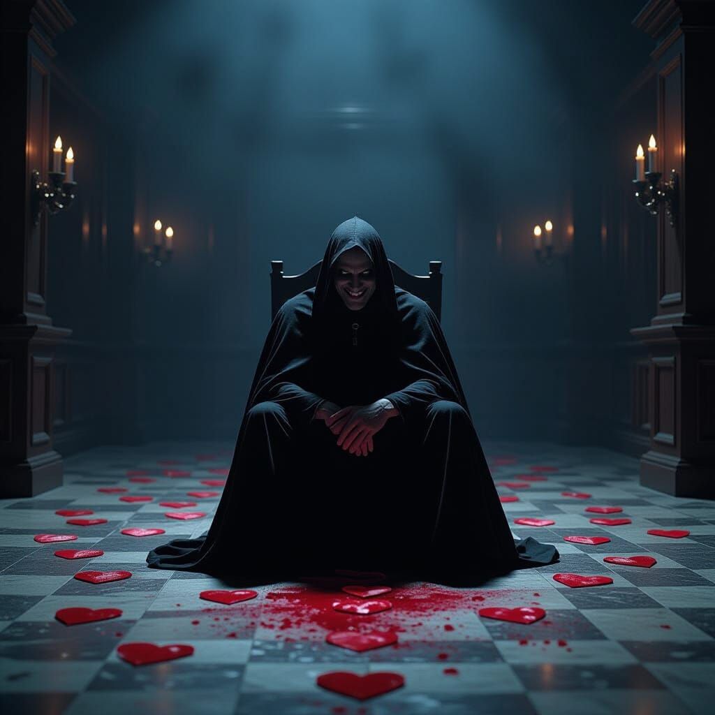 Scary Man in Cloak with Cracked Hearts, Cinematic Film Still