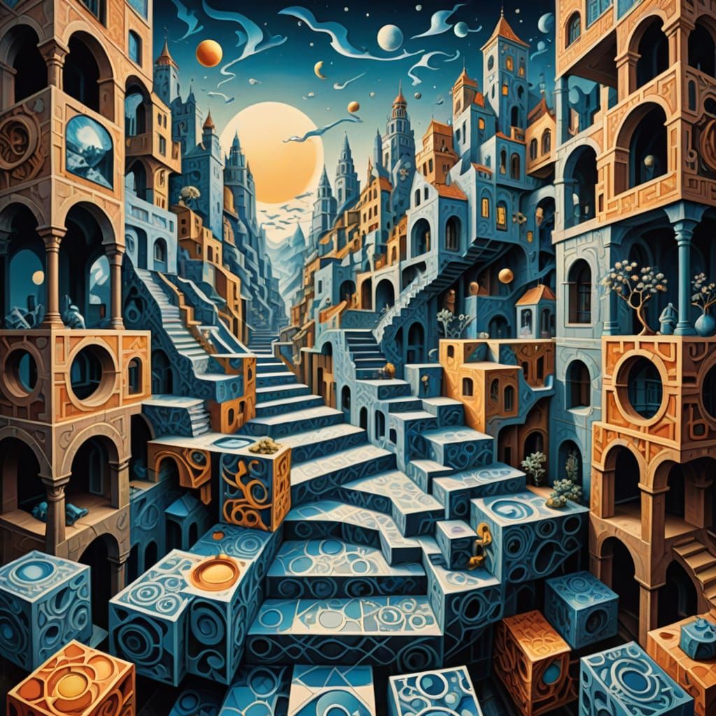 Escher-Inspired Futuristic Cityscape with Intricate Geometri...
