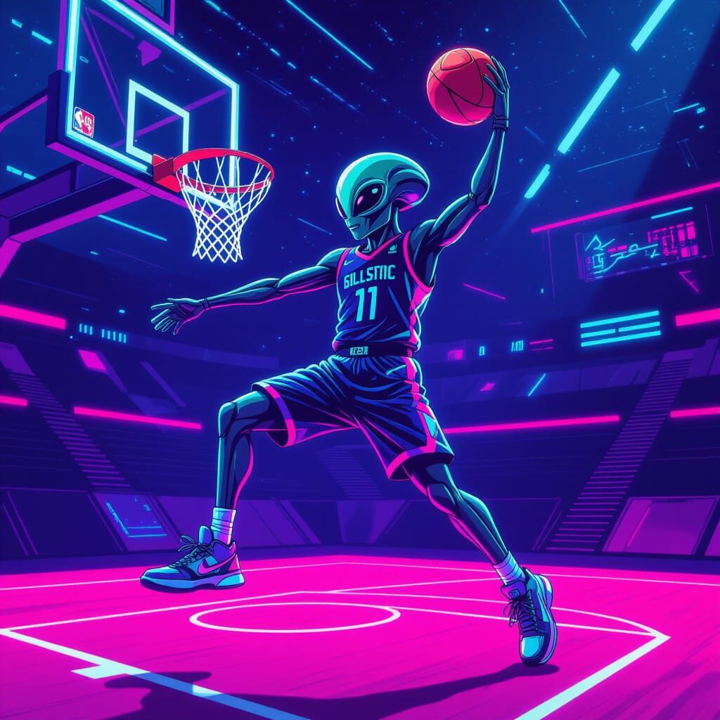 Alien Dunking on Neon Court in Futuristic Style