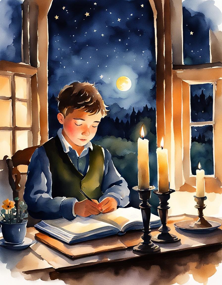 Boy Reading by Candlelight in Farmhouse Illustration
