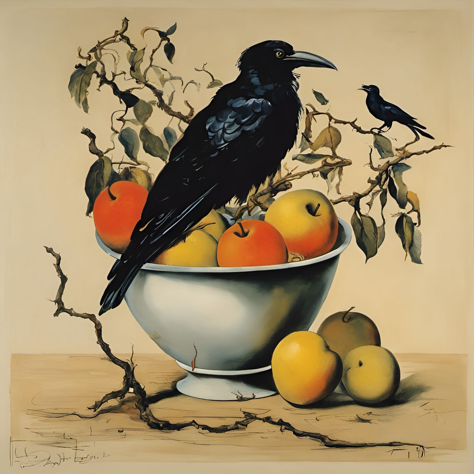 Surreal Fruit Bowl Still Life with Crow