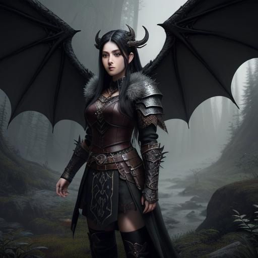 Viking Girl with Dragon Wings in Forest