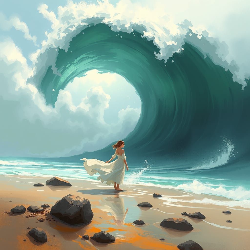 Dreamlike Sweetheart Summons Wave: Digital Watercolor Painti...