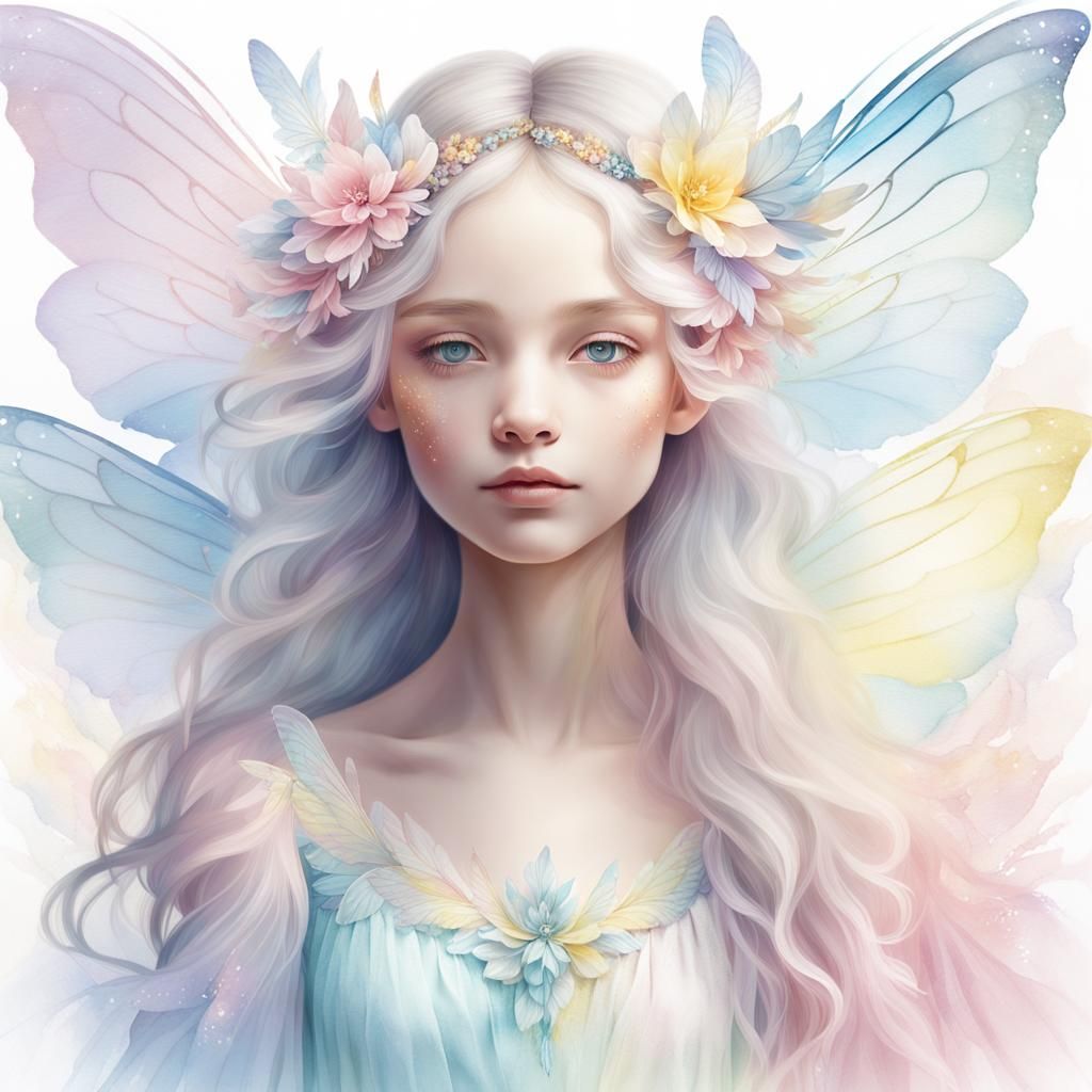 Ethereal Fairy Portrait in Pastel Watercolor Style
