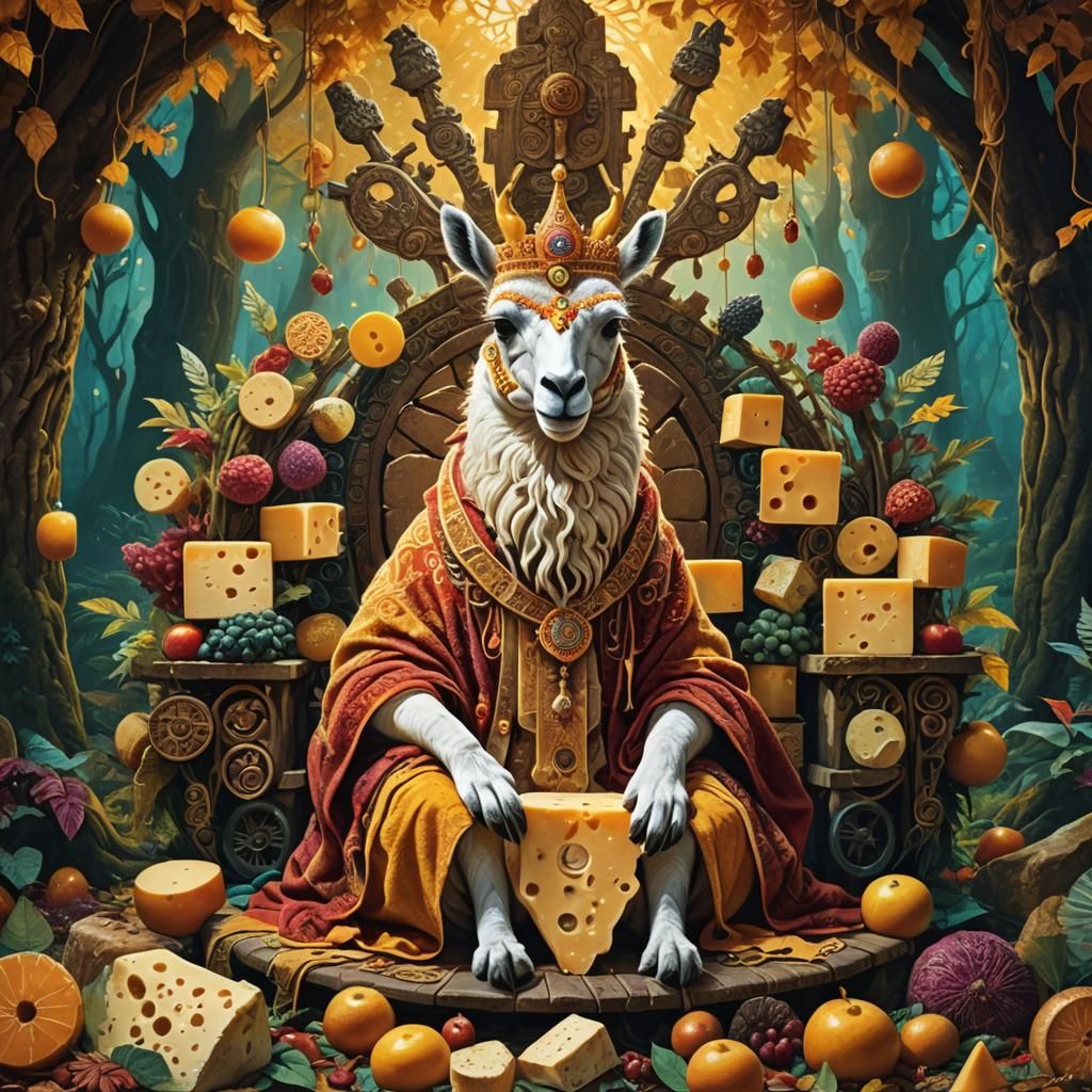 Majestic Cheese Lama on Cheese Throne in Forest