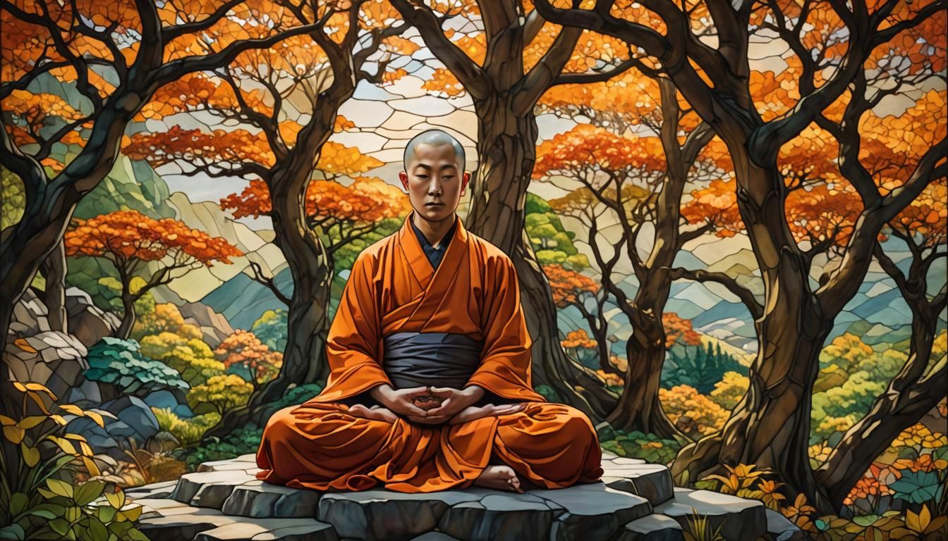 Monk Meditating in Stained Glass Landscape