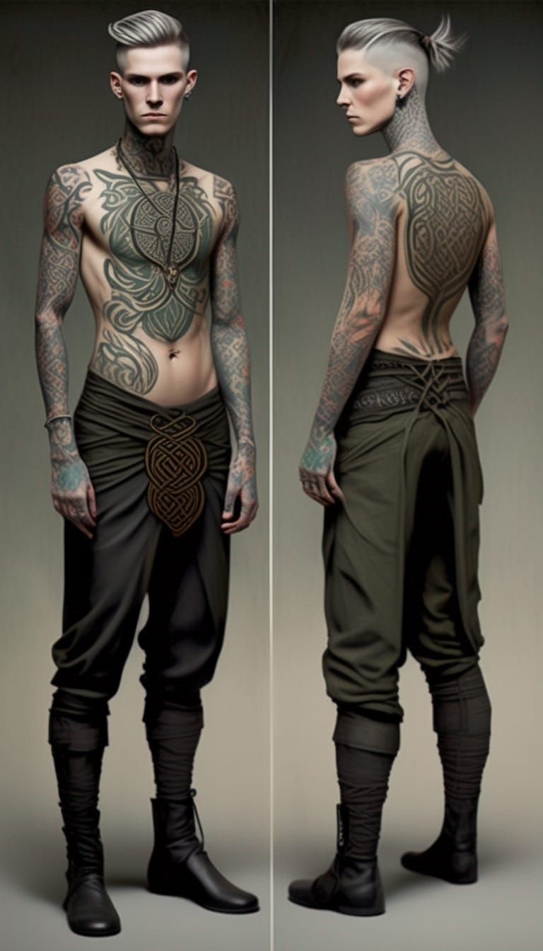 Androgynous Male with Celtic Tattoos: Full Body