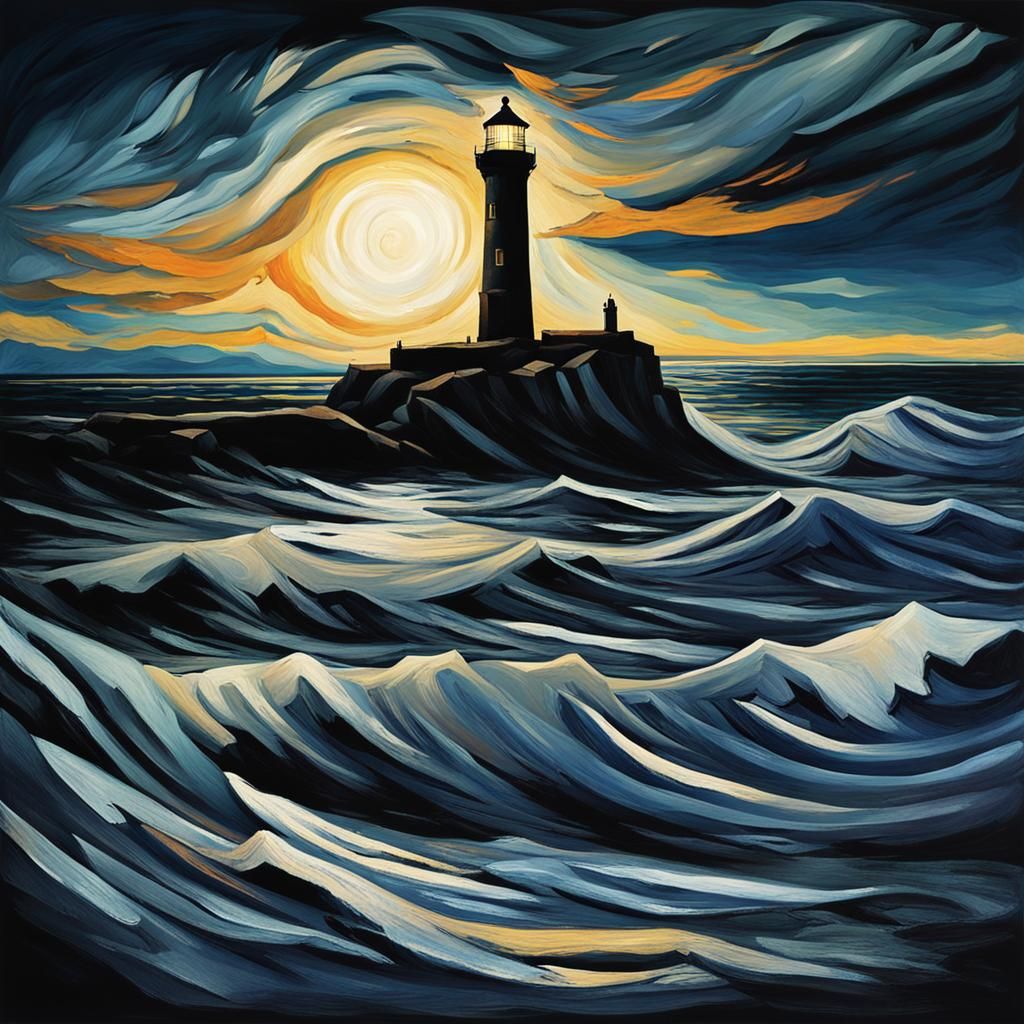 Aurora Borealis Over Sea With Lighthouse in Expressionist St...