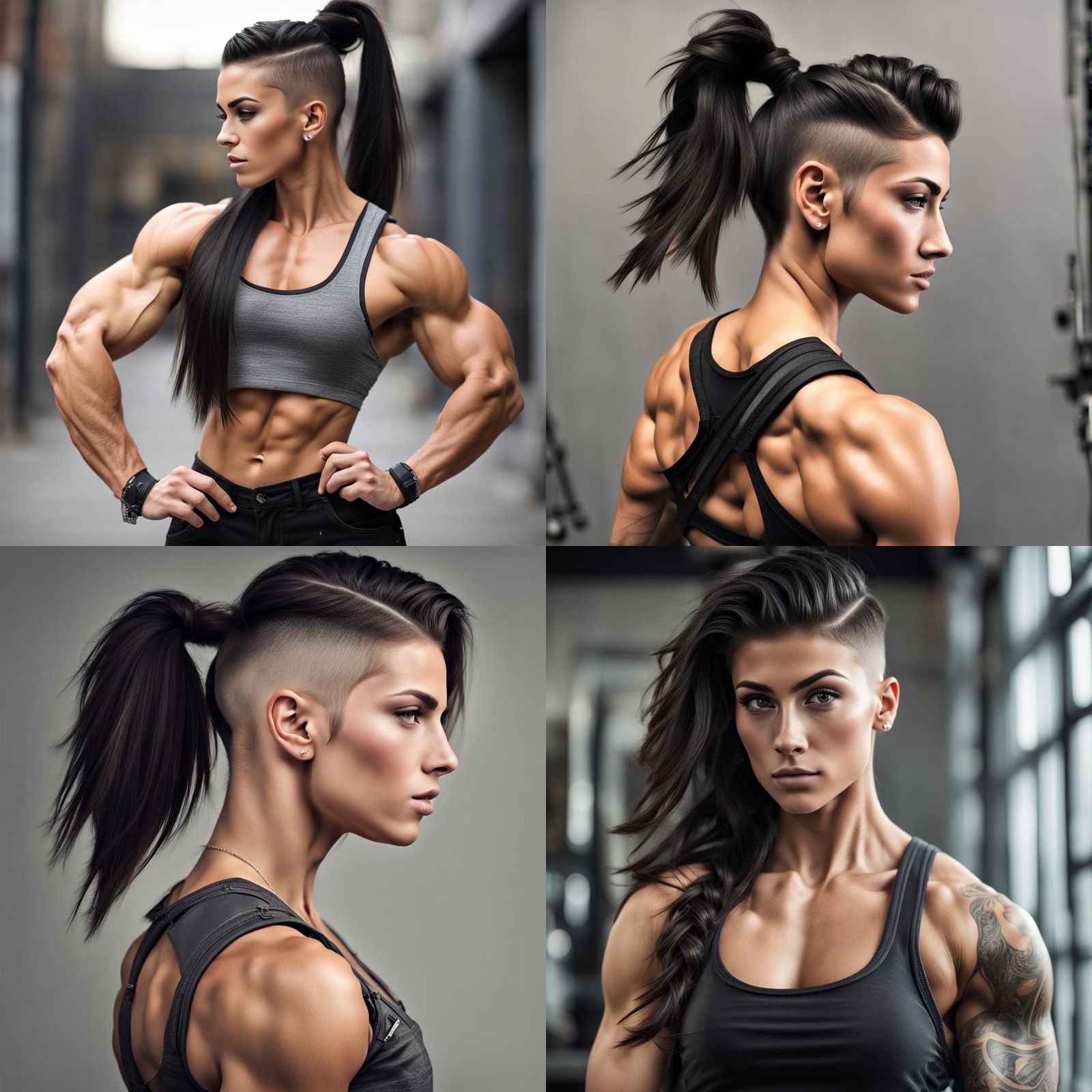 Muscular Girl Flexing Bicep with Undercut Hairstyle