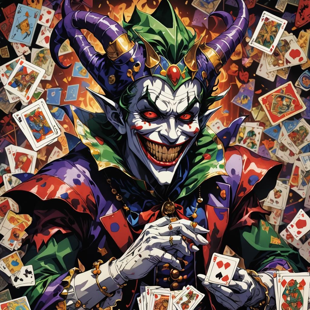 Devil Jester in Manga Style with Joker Cards