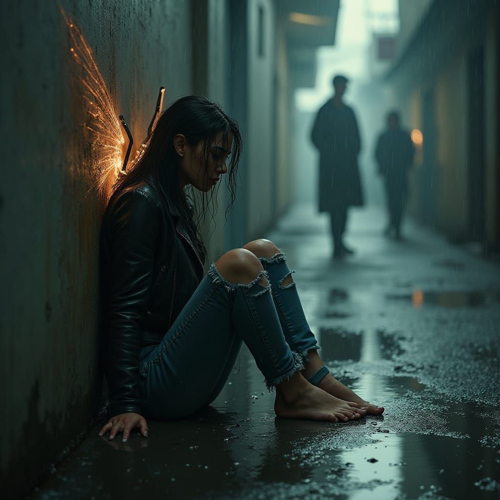 Cyberpunk Woman with Mechanical Wings in Rainy Alley