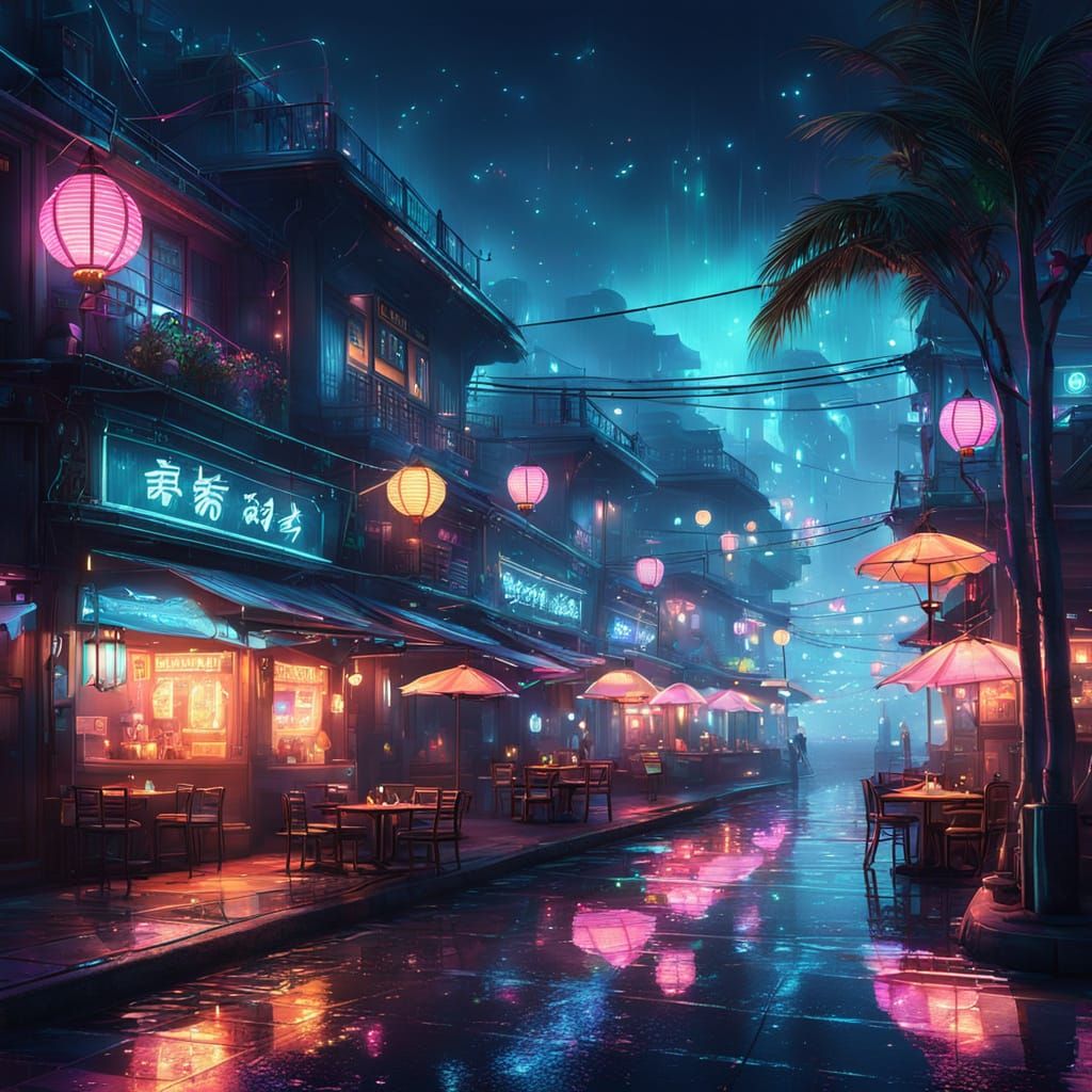 Magical Seaside Boulevard at Night in Pastel Tones