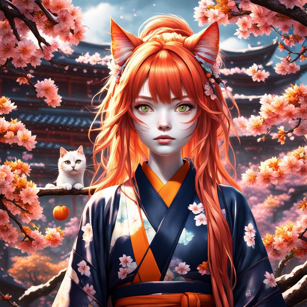 Cat-Girl in Kimono Among Sakura Blossoms