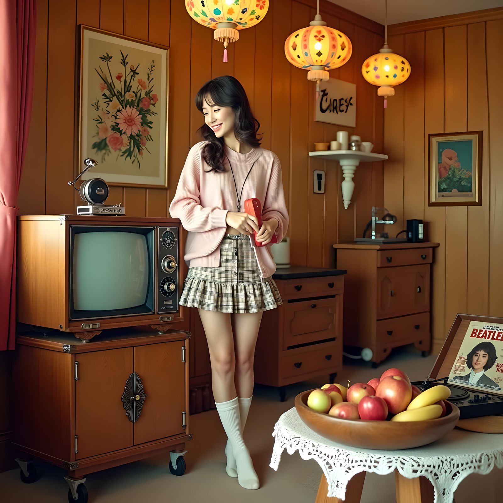 1960s Woman with Vintage TV in Cozy Living Room