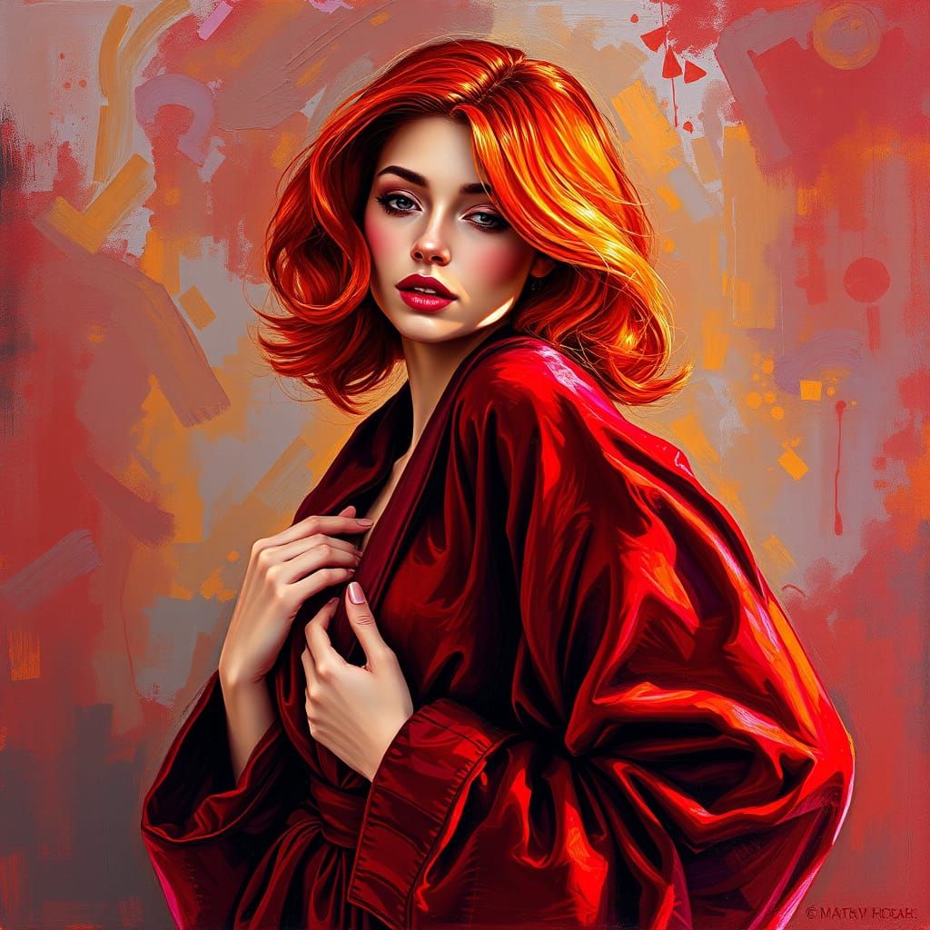 Elegant Red-Haired Woman in Velvet Robe, Neo-Impressionist S...