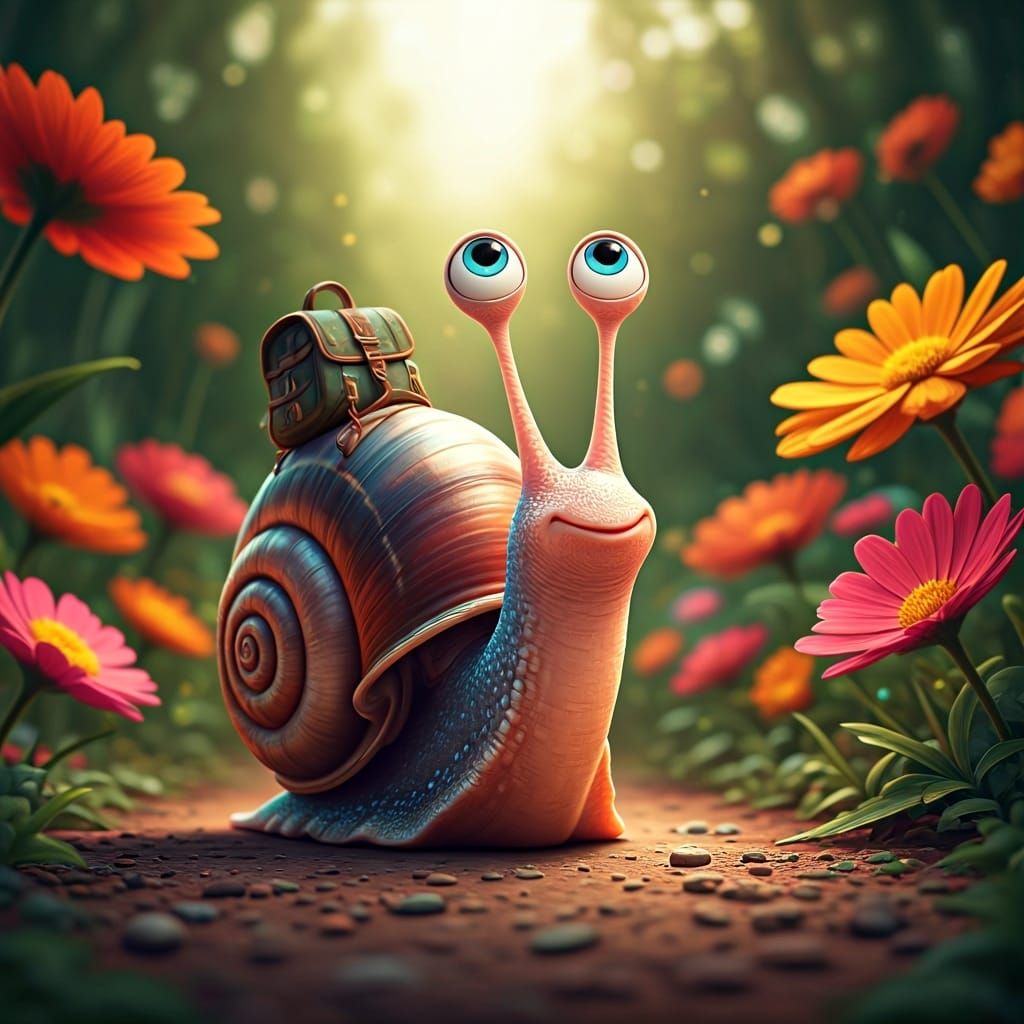 Pixar-Style Snail with Backpack in Lush Garden
