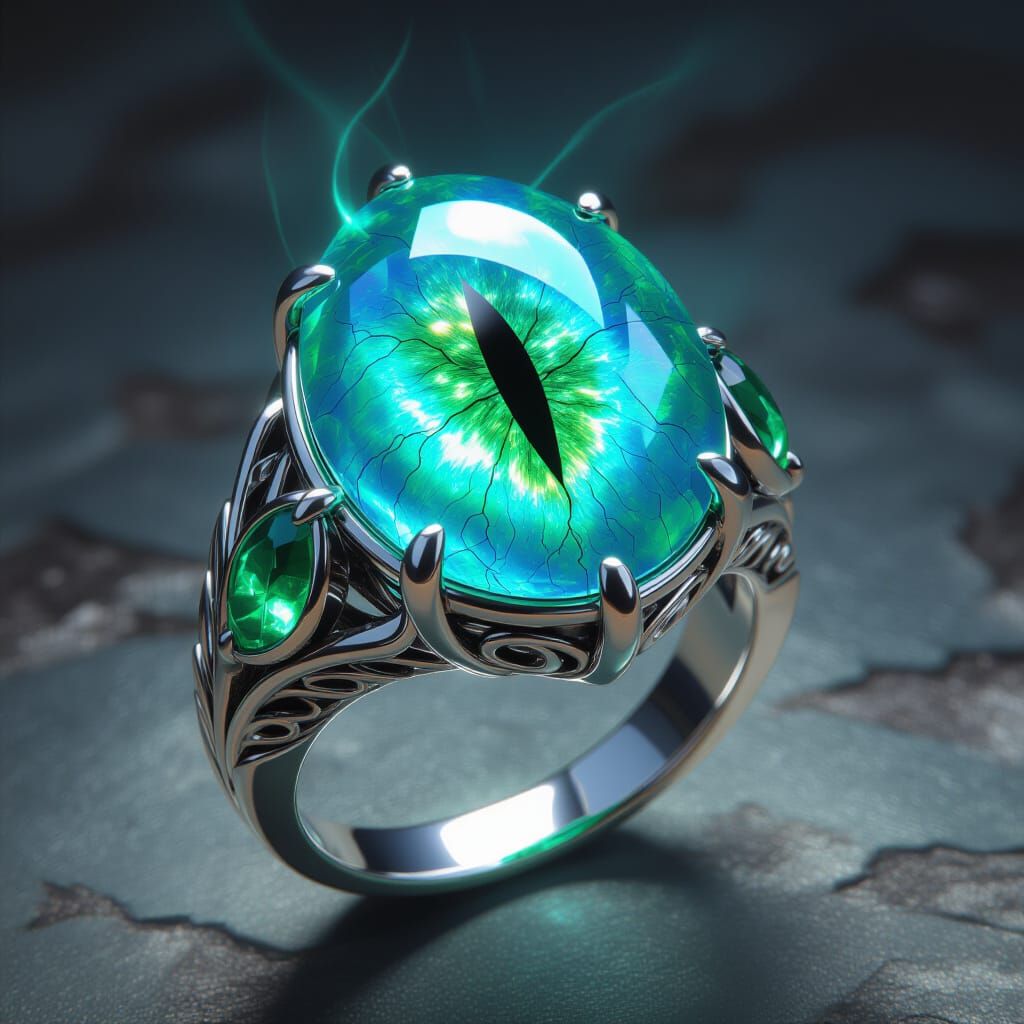 Glowing Dragoneye Gem in Silver Ring, Dark Fantasy Art