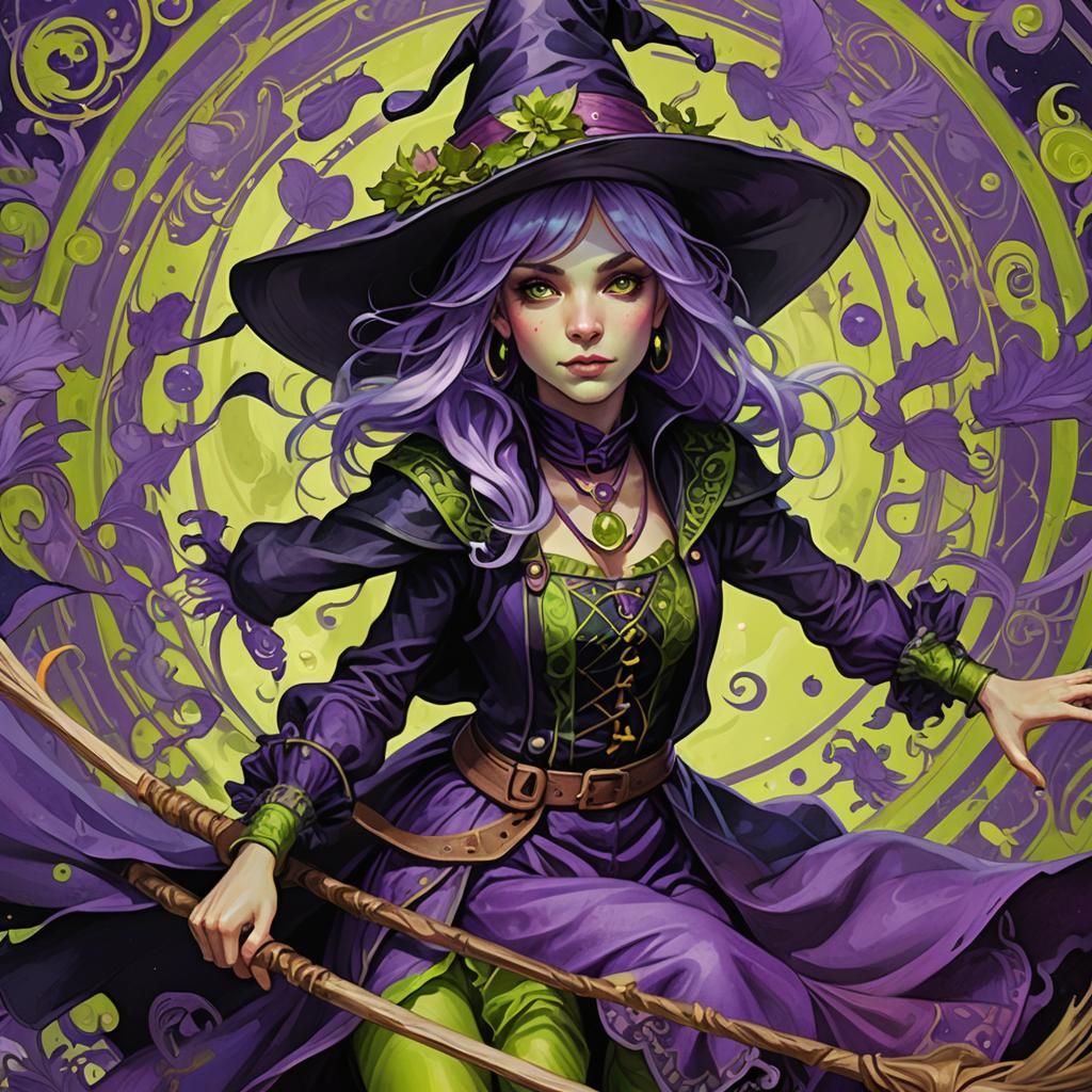 Youthful Witch Flies on Broomstick: Dark Fantasy Art