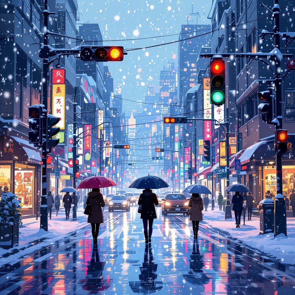Snowy City Street in Makoto Shinkai Anime Style