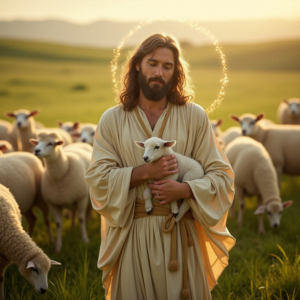Jesus with Lamb in Field: Renaissance-Style Digital Art