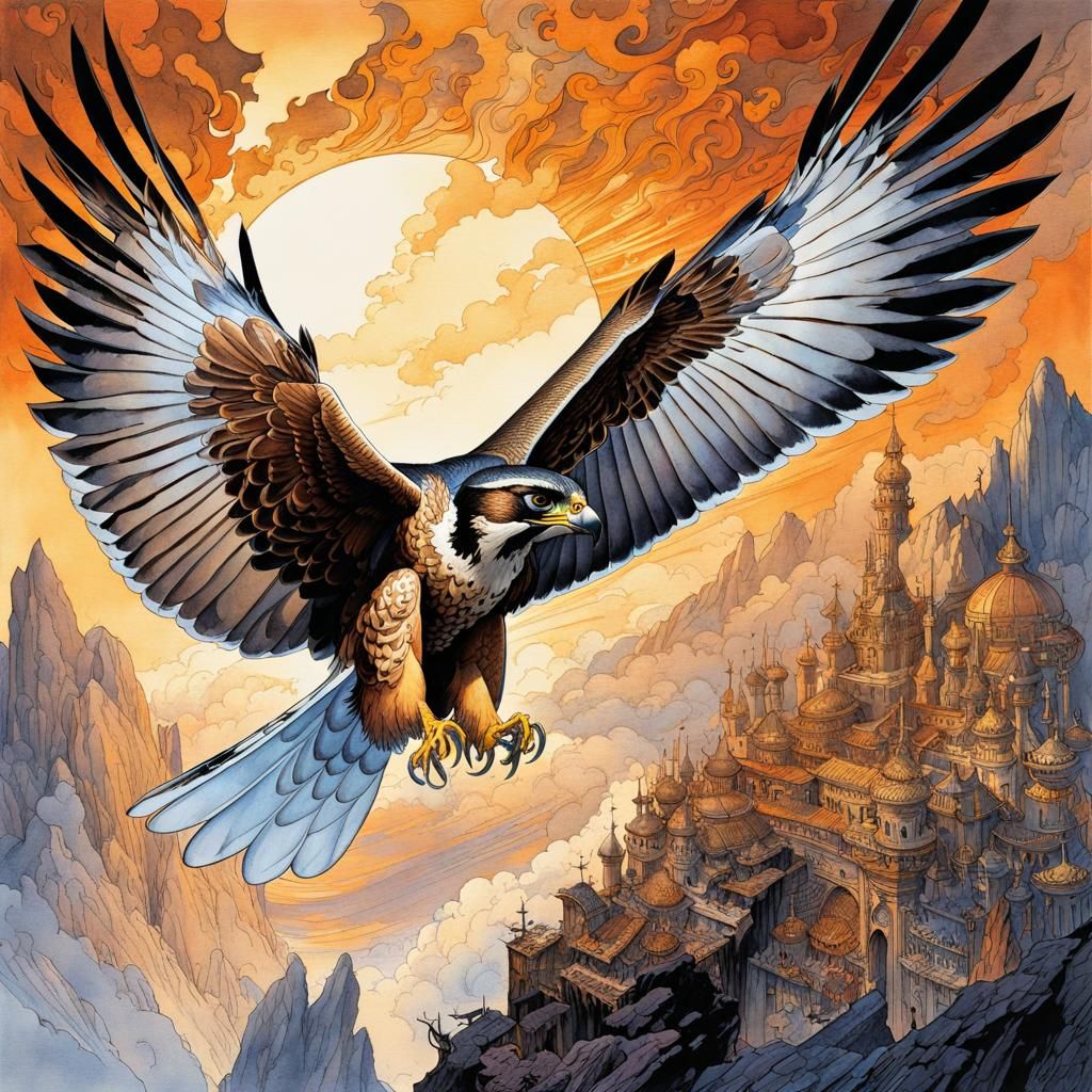 Falcon Soaring: A Watercolor Fantasy Illustration