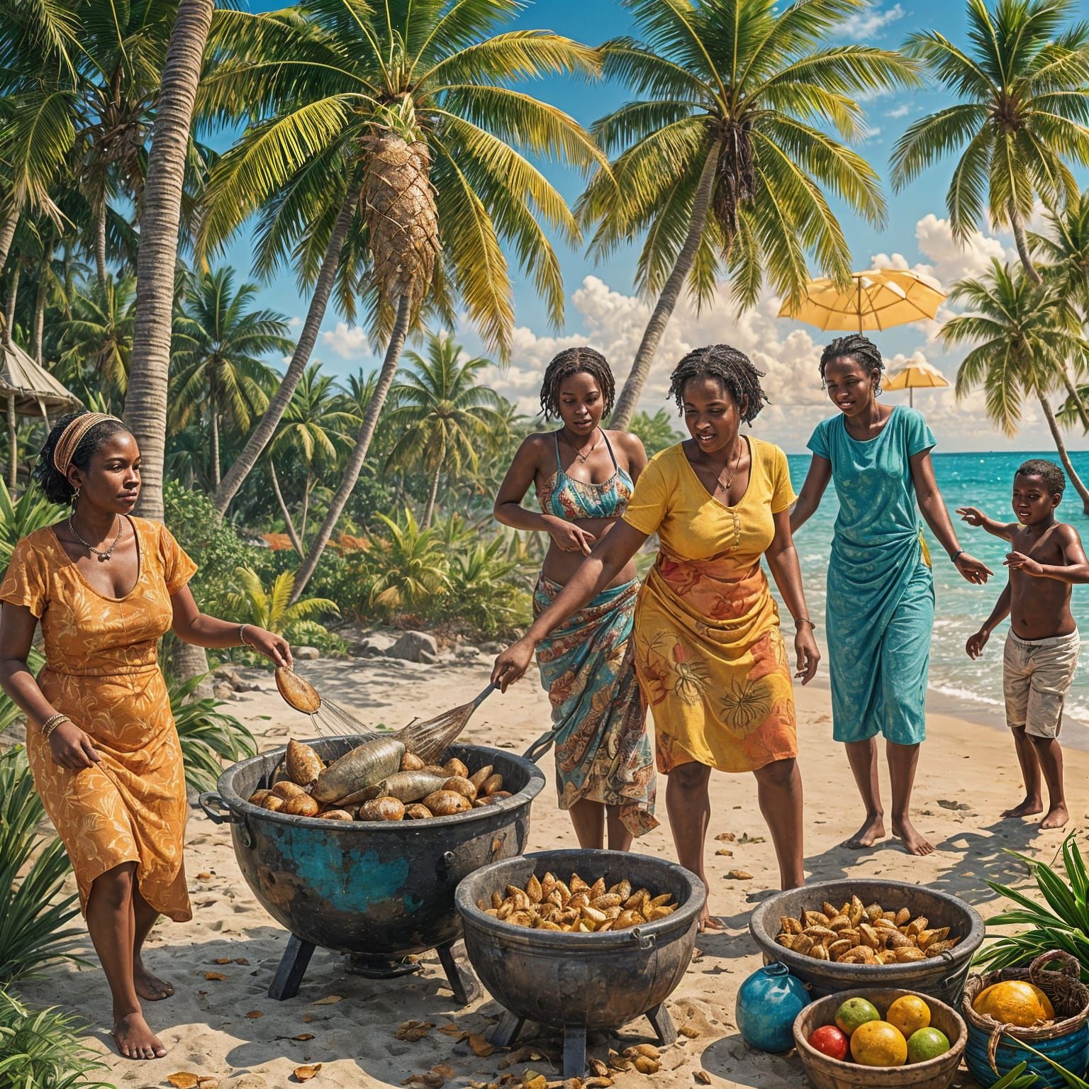 Caribbean Mother Roasting Fish on Beach: Matte Painting