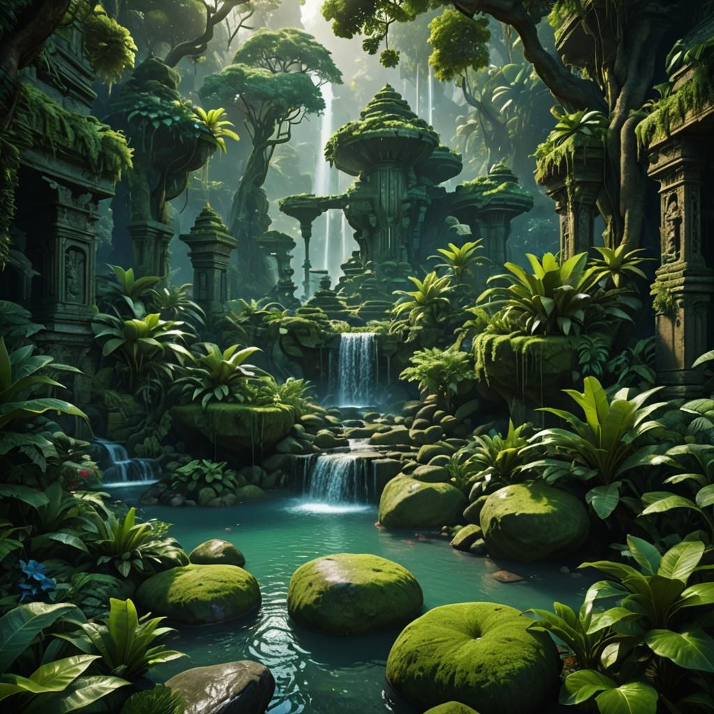 Green Jungle Utopia: Detailed Matte Painting