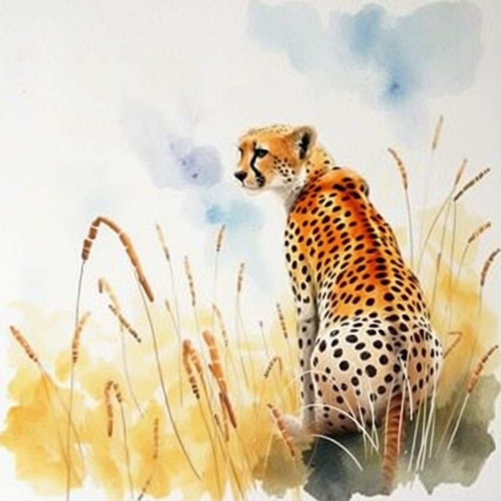 Cheetah in Dried Grass, Expressive Watercolour Painting