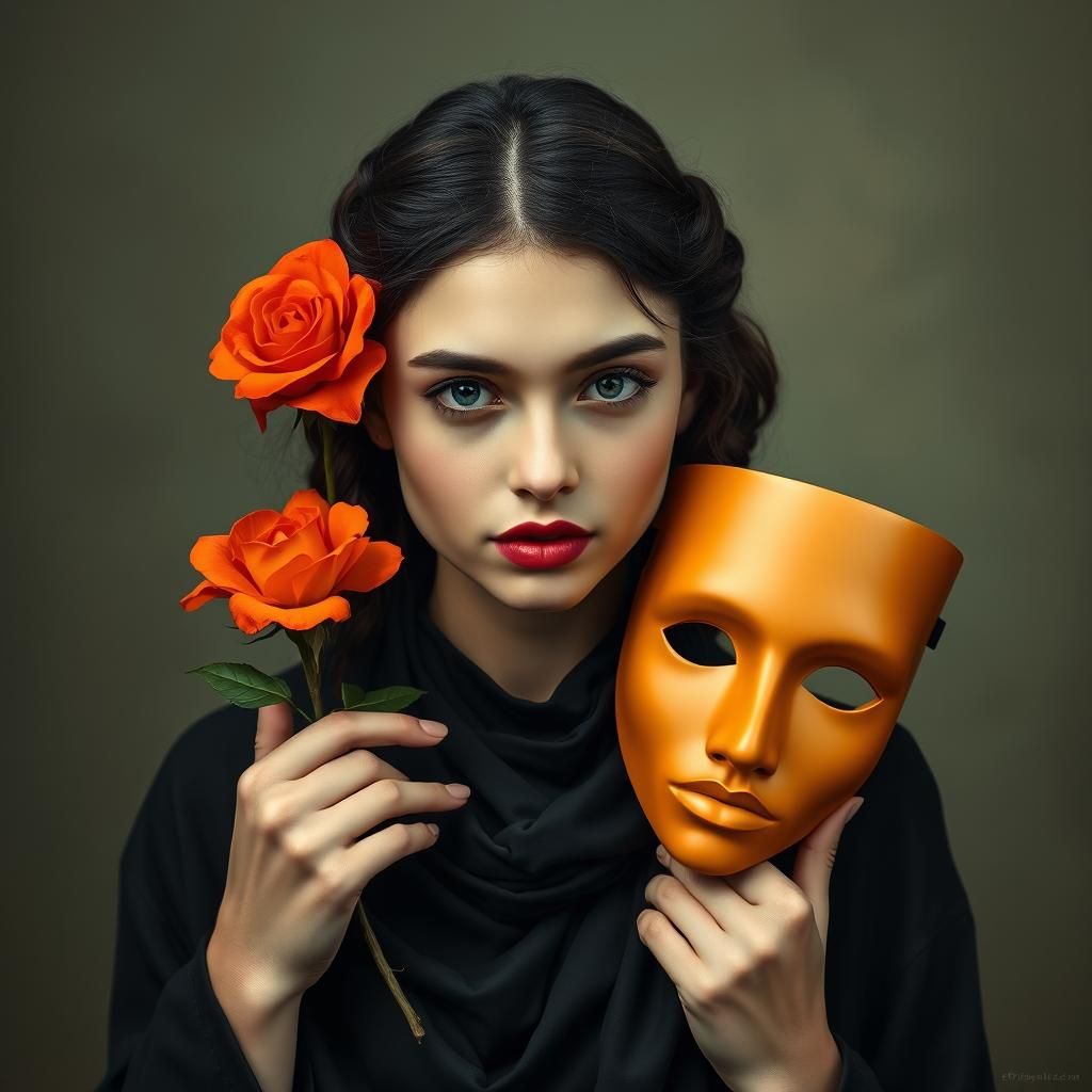Surreal Woman with Mask and Orange Roses Portrait