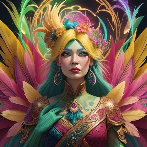 Dragon Peacock Woman in Mystical Garden: Digital Art