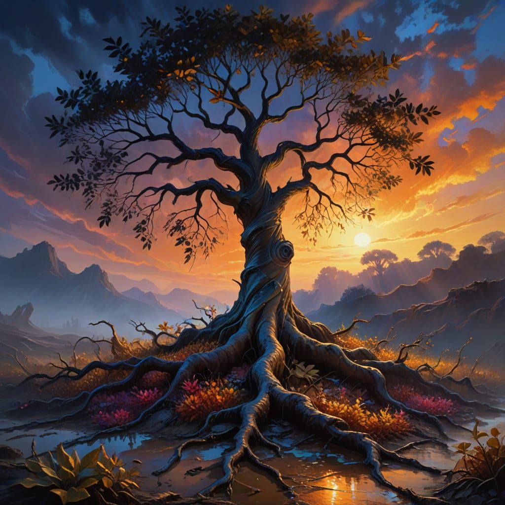 Surreal Twilight Tree in Vivid Impasto Oil Painting