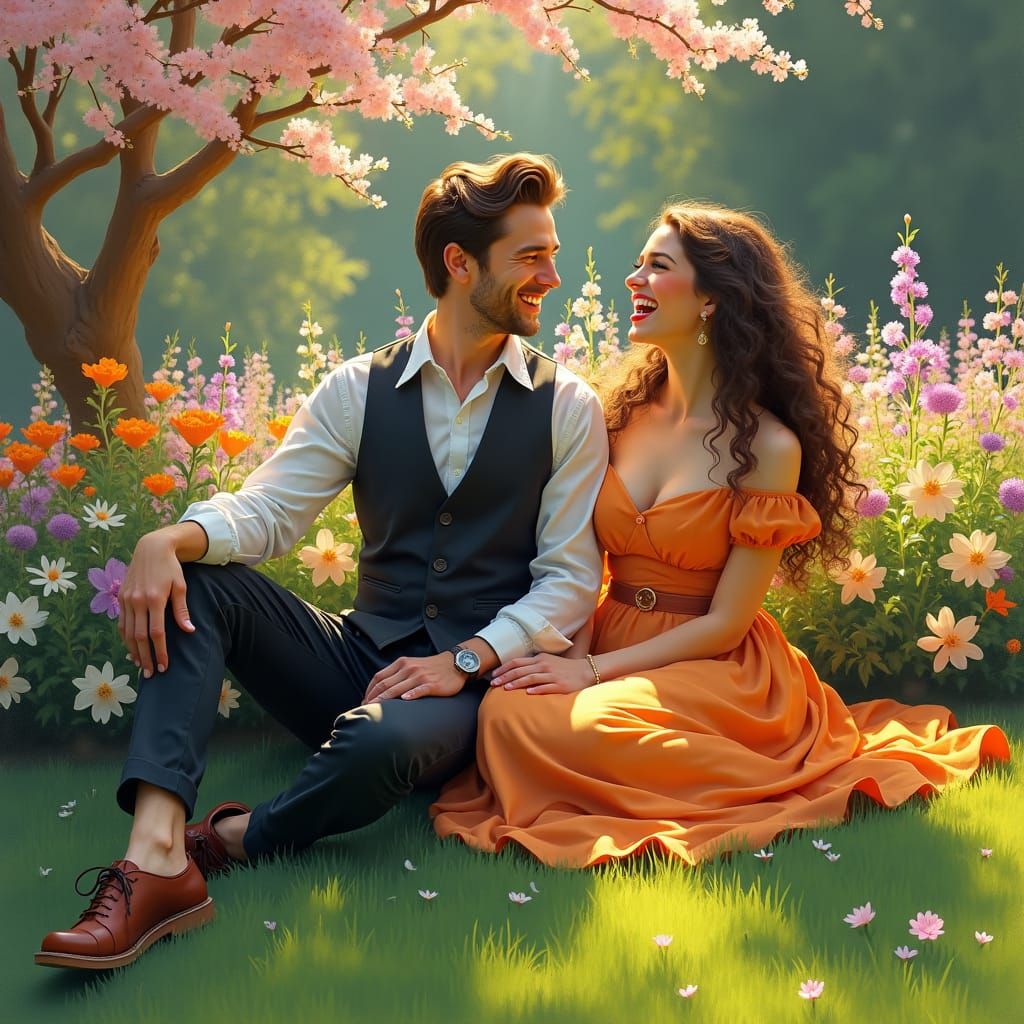 Couple Laughing in Flower Garden in Impressionist Style