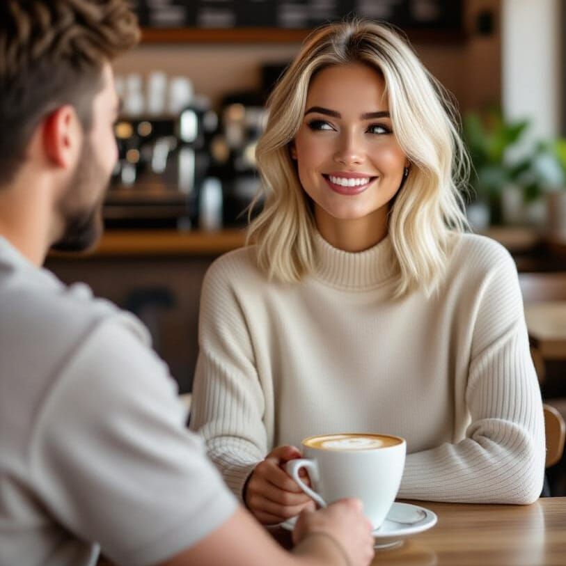 Woman in Coffee Shop Served Coffee by Man