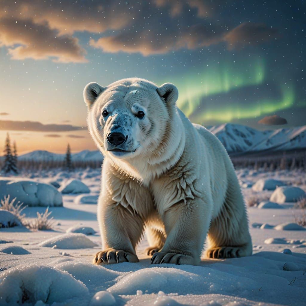 Baby Polar Bear in Arctic Landscape at Night