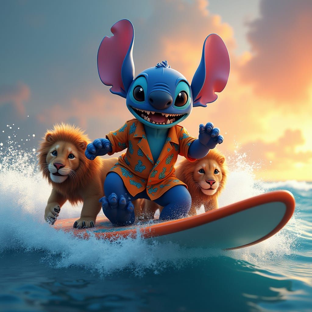 Stitch Surfing with Lions in Hyperdetailed Style