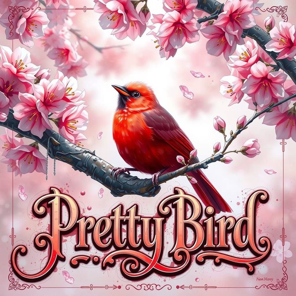 Fantasy Bird Amidst Cherry Blossoms with Ornate Text
