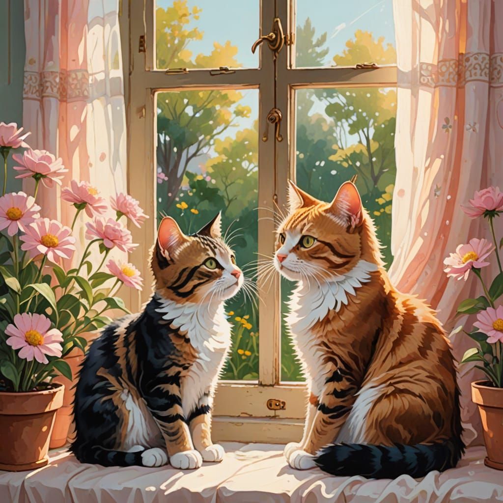 Mother Cat Tenderly Cares for Her Kittens in a Whimsical Nur...