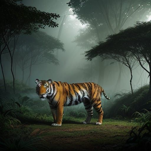 Majestic Tiger in Dense Jungle Landscape