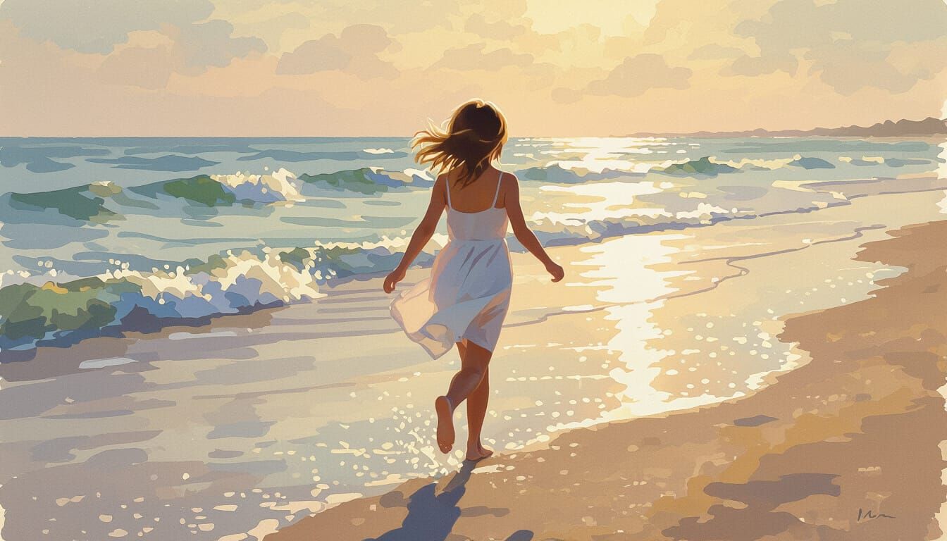 Girl Running Barefoot on Seashore in Watercolor Style