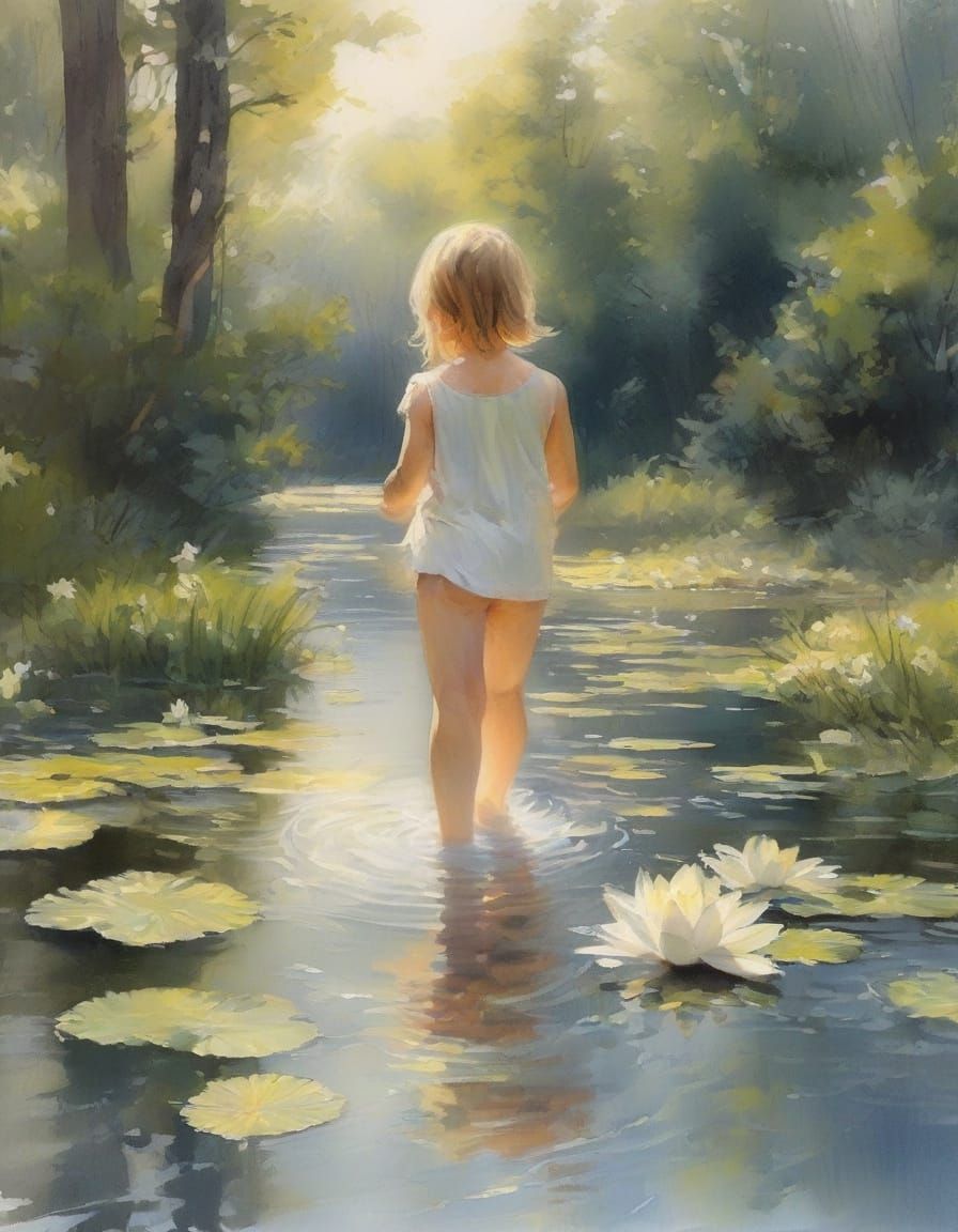 Child Bathes in Sunlit Lake With Water Lilies in Watercolour...