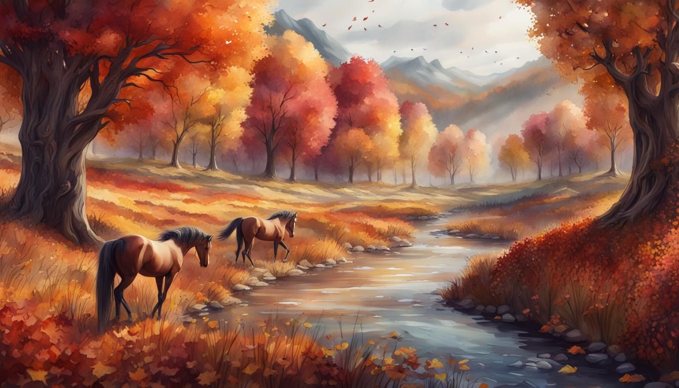 Autumn River Horses in Watercolor Style