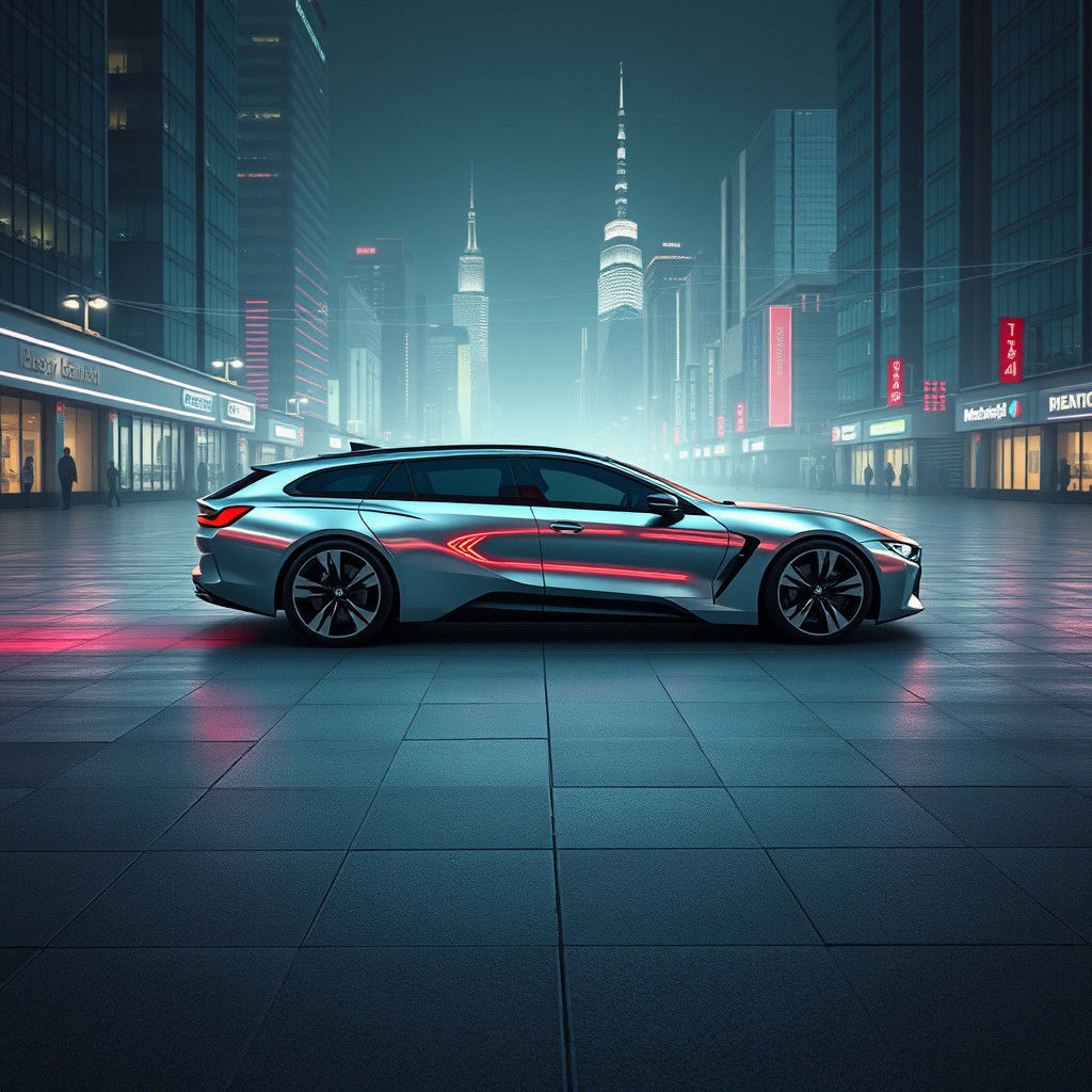 Futuristic Electric BMW 860 Wagon in Cyberpunk Cityscape