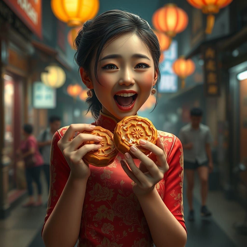 Girl in Cheongsam Eating Mooncake in Chinatown